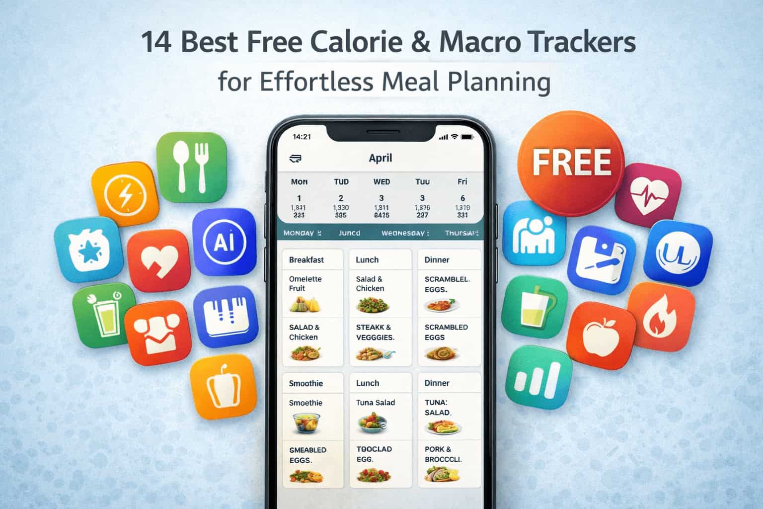 Image showing a smartphone with a clean, user-friendly meal planning calendar interface visible on its screen. Around it, 14 minimalist, colorful app icon badges are arranged in a semi-circle or cluster. The icons have a mix of food, scale, and graph imagery. A prominent "FREE" badge is featured. The text "14 Best Free Calorie & Macro Trackers for Effortless Meal Planning" is overlaid in a modern, approachable font.